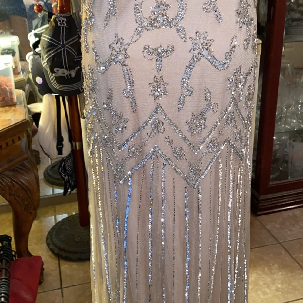 Pisarro Nights Beaded Mesh Column silver and gold beading Gown Womens Size 14 - Picture 8 of 11